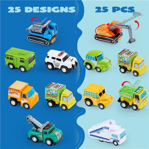 25 Pieces Pull Back Cars and Trucks Toy Vehicles Set for Toddlers Girls and Boys - Picture 2 of 7